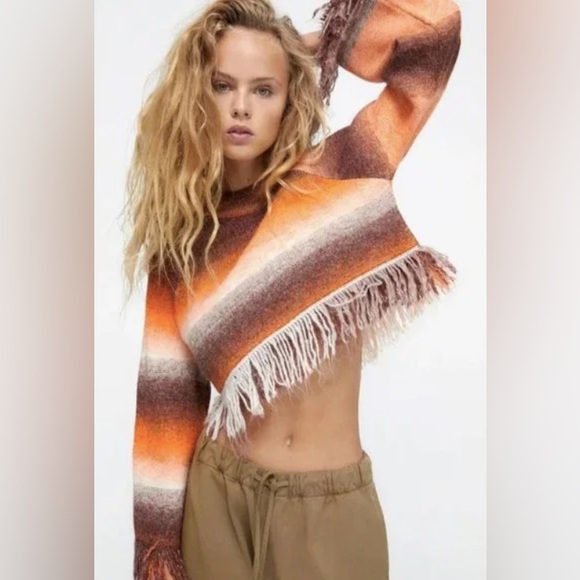 NWOT Zara ombre effect Boho fringe detail striped knit crop sweater Sz S - Picture 1 of 11